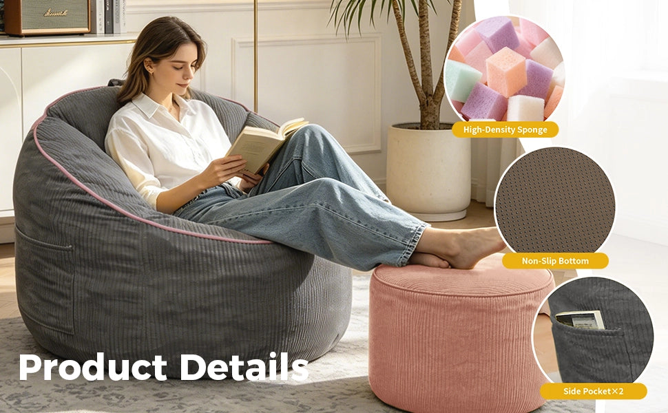 Fauteuil pouf ergonomico con tasca laterale e pouf cilindrico in flanella grigio 50 × 43,5 × 35,5 cm