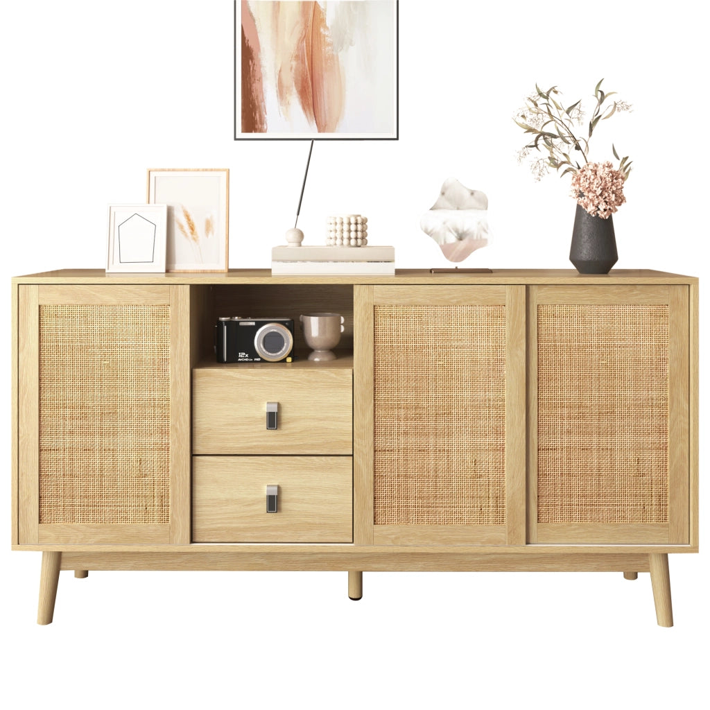 Credenza con 3 Ante Scorrevoli in Rattan; 2 Cassetti; Piedi in Legno Massello; Stile Naturale; in MDF; 155??38??80 cm; Legno