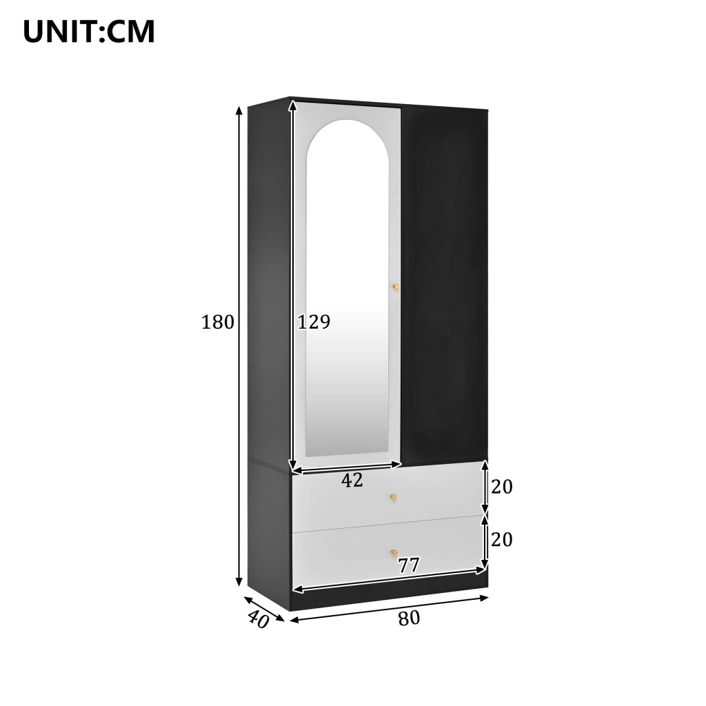 Armadio con specchio a 1 anta, 2 cassetti e 4 vani aperti, per camera e ingresso, bianco e nero, 80 × 40 × 180 cm