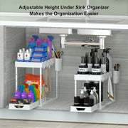Due livelli sotto lavabo, mobile, organizzatore di cassetti, sostegno lavabo pieghevole, con 4 ganci, 8 adesivi antiscivolo e 1 becher da appendere, sostegno per lavastoviglie, organizzatore cucina (2 pezzi, bianco)
