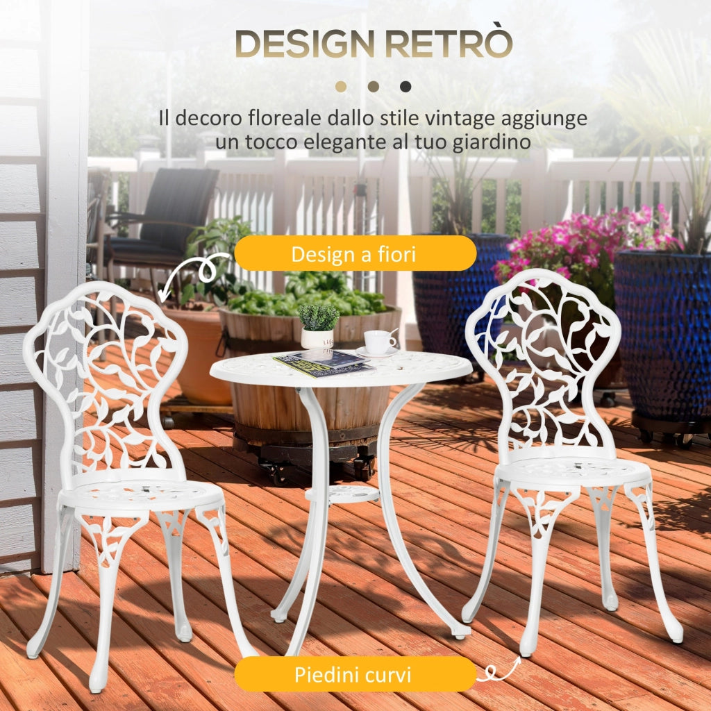 Set Tavolino e 2 Sedie da Giardino in Alluminio Bianco