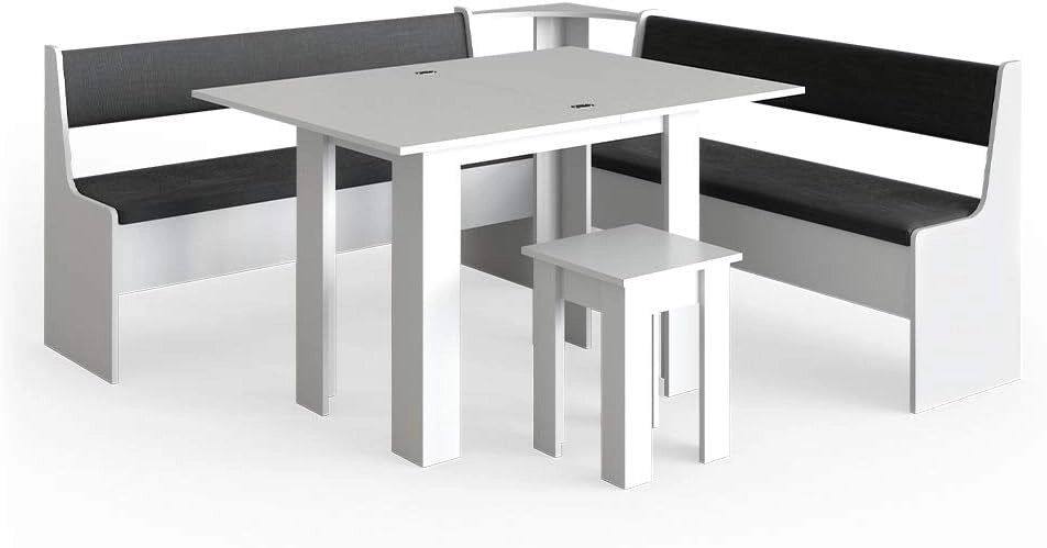 Gruppo panca ad angolo Roman, Bianco, 180 x 120 cm con tavolo, adatto per il posizionamento ad angolo in cucine e sale da pranzo