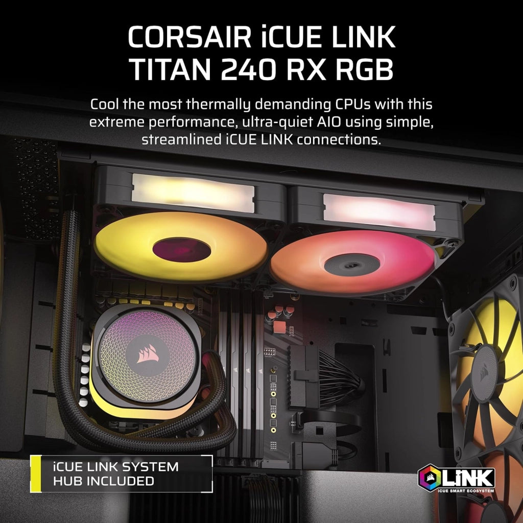 iCUE LINK TITAN 240 RX RGB Raffreddatore CPU a Liquido – 240mm AIO – 2x RX120 Ventole RGB Incluse – Adatto a Intel LGA 1851/1700, AMD AM5/AM4 – Hub di Sistema iCUE LINK Incluso – Nero