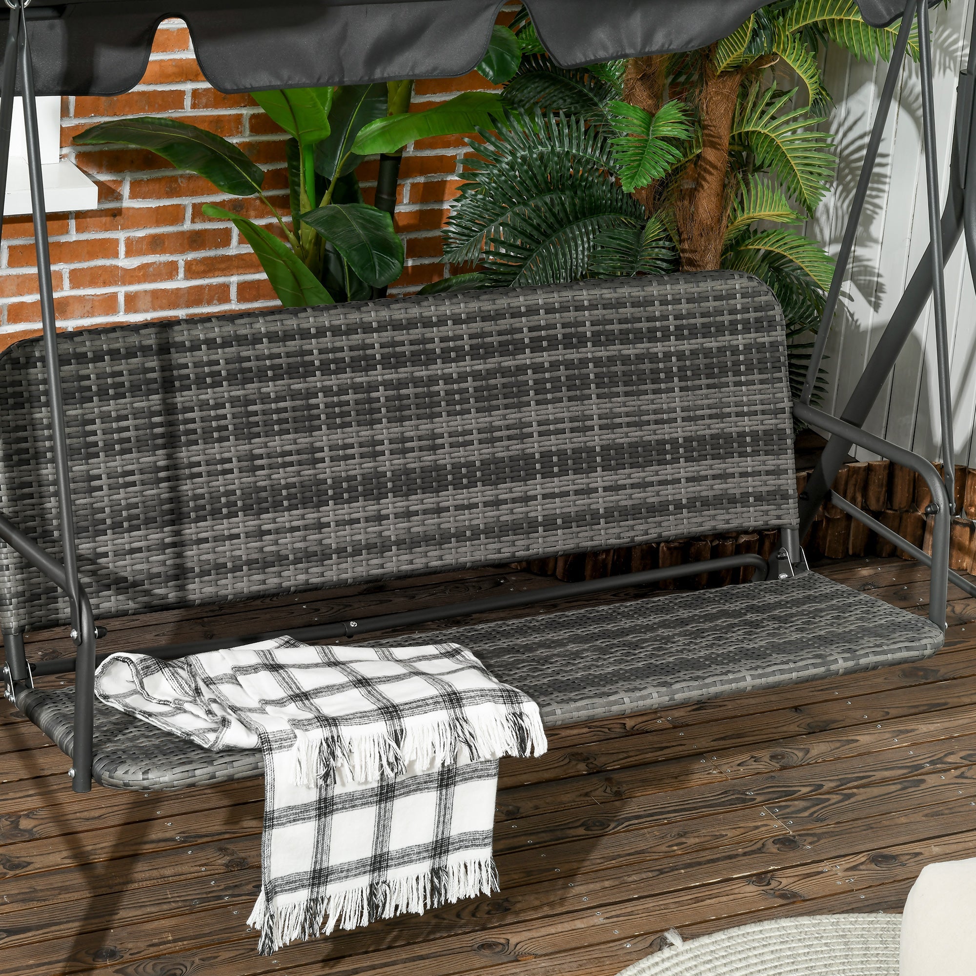 Dondolo da Giardino 3 Posti 167x112x153 cm con Tettuccio Regolabile in Rattan PE Grigio Scuro