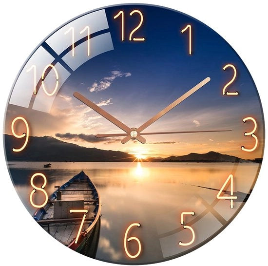 Orologio da Parete in Vetro 30cm Silenzioso Non Tocchente Decorativo Orario da Parete Ronde per Salotto Cucina Camera da Letto Corridoio Ufficio (Tramonto)