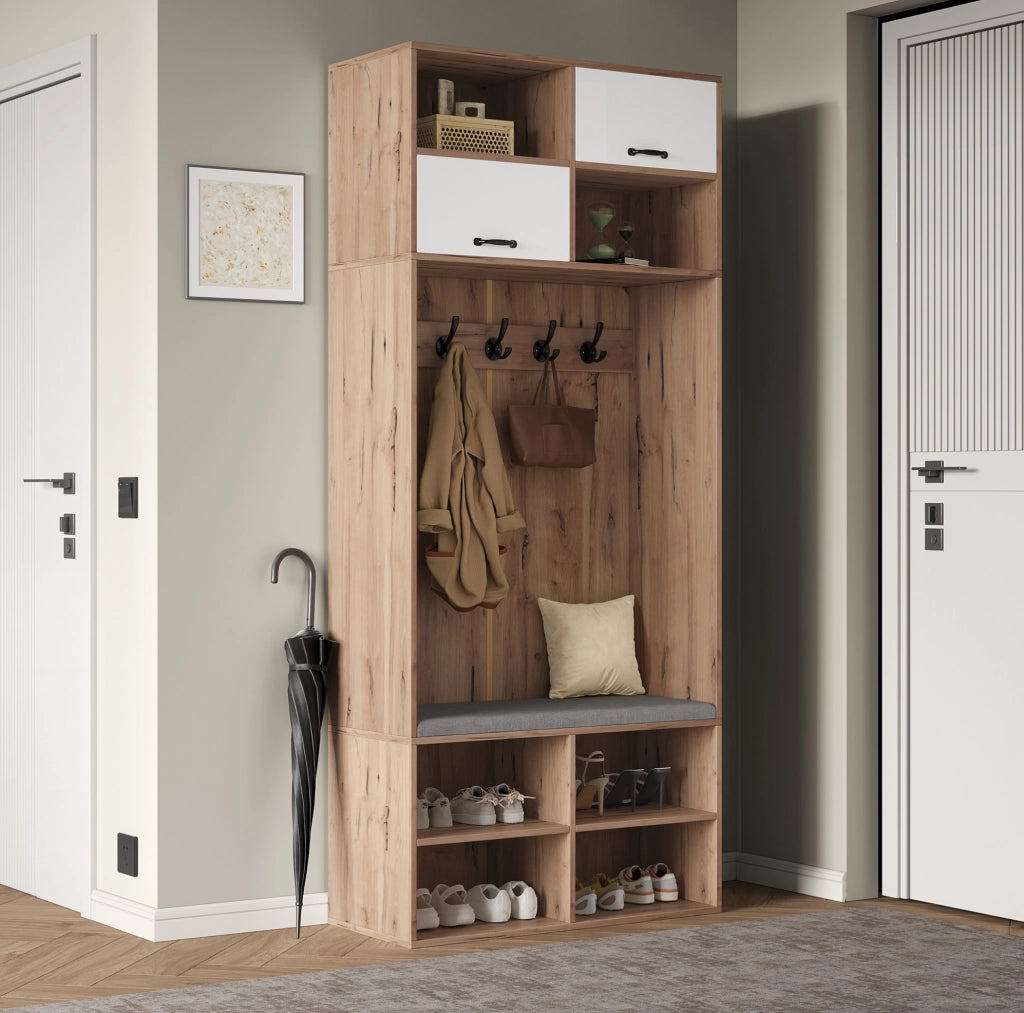 Mobile ingresso moderno con panca; 5 ganci; 4 vani aperti e illuminazione regolabile; 80x35x185 cm; bianco e naturale