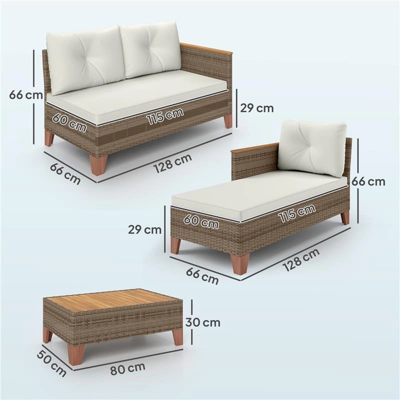 SALOTTO DA GIARDINO IN RATTAN PE CON DIVANO 2 POSTI CHAISE LONGUE E TAVOLINO DA CAFFÉ CREMA