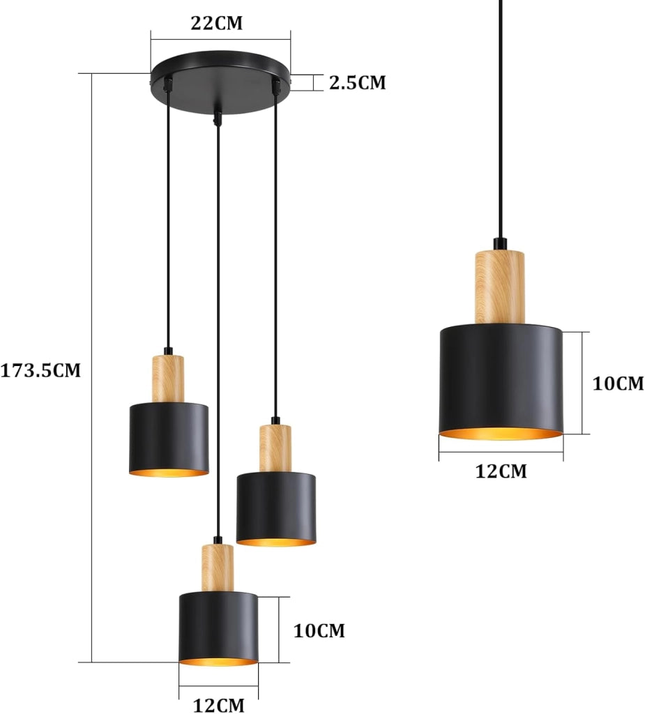 Lampada a sospensione ZMH vintage E27 nera e oro lampada da pranzo a 3 luci lampada a sospensione regolabile in altezza