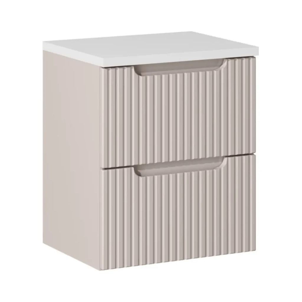 Insieme VANO cachemire e bianco 50cm: mobile sottolavabo con cassetti a scanalature verticali + piano per lavabo bianco opaco