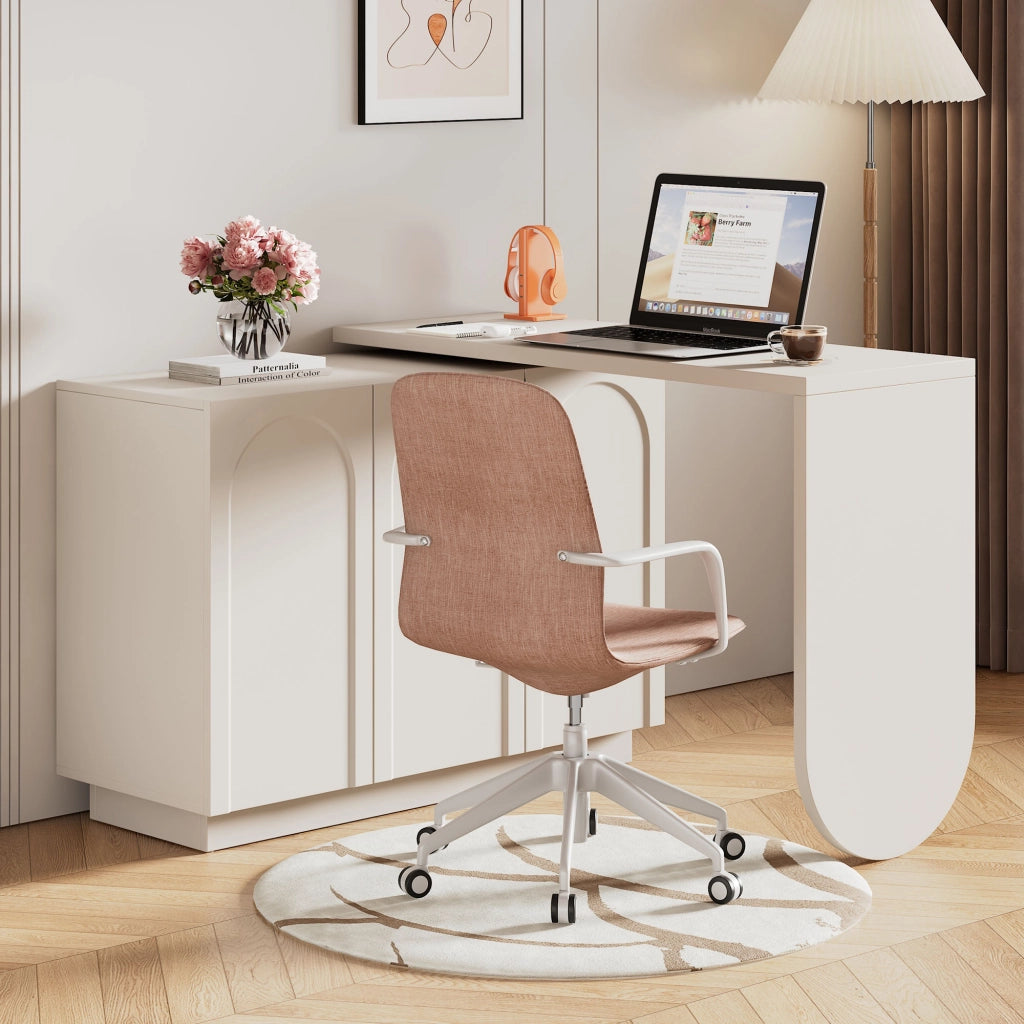 Scrivania angolare con mobile e piano girevole a 360 gradi, 3 vani con ripiani regolabili, in MDF bianco, 110 cm