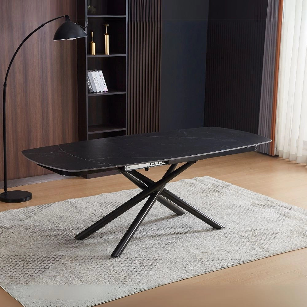 Tavolo girevole automatico allungabile Astrid con piano in ceramica effetto marmo nero opaco con gambe colore nero