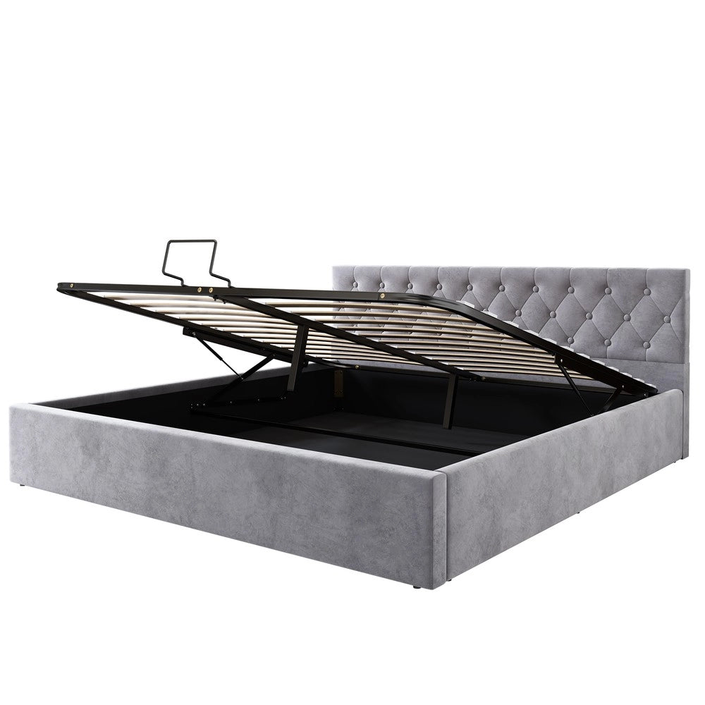 Letto Imbottito Contenitore Matrimoniale ¨C Xylo ¨C Grigio, Testiera con Bottoni, Idraulico, Rete a Doghe, 180x200