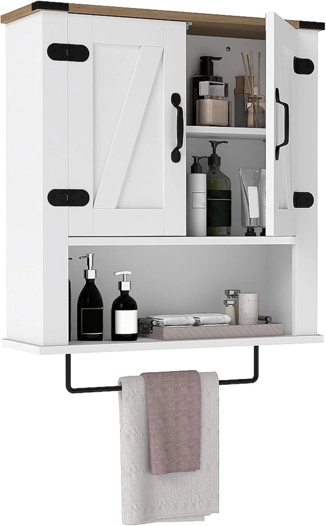 Mobiletto da Parete per Bagno con Porta Asciugamani, Armadietto Farmhouse con Ante a Botte & Ripiano Regolabile, Organizer da Muro Sopra il WC per Lavanderia, Cucina e Soggiorno