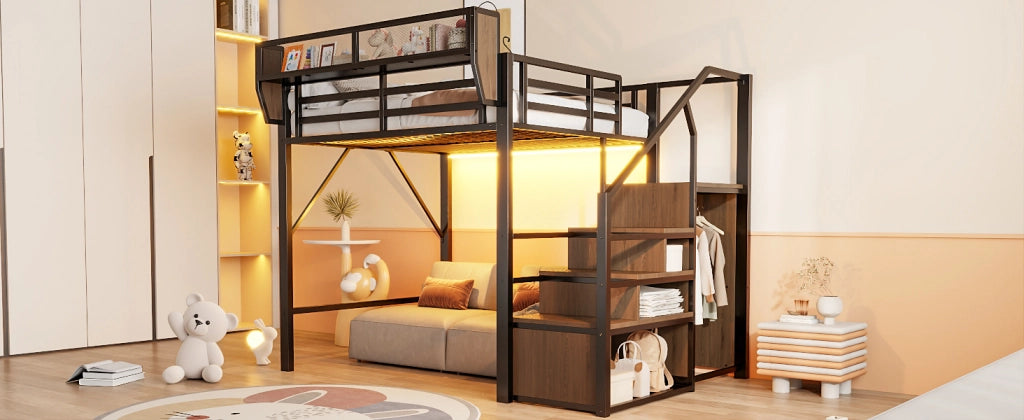 LETTO A CASTELLO 140x200 cm in metallo nero con scala e LED