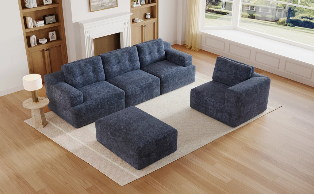 Divano modulare a U senza montaggio con schienale alto e cuscino, in ciniglia blu, 252 × 180 × 82 cm
