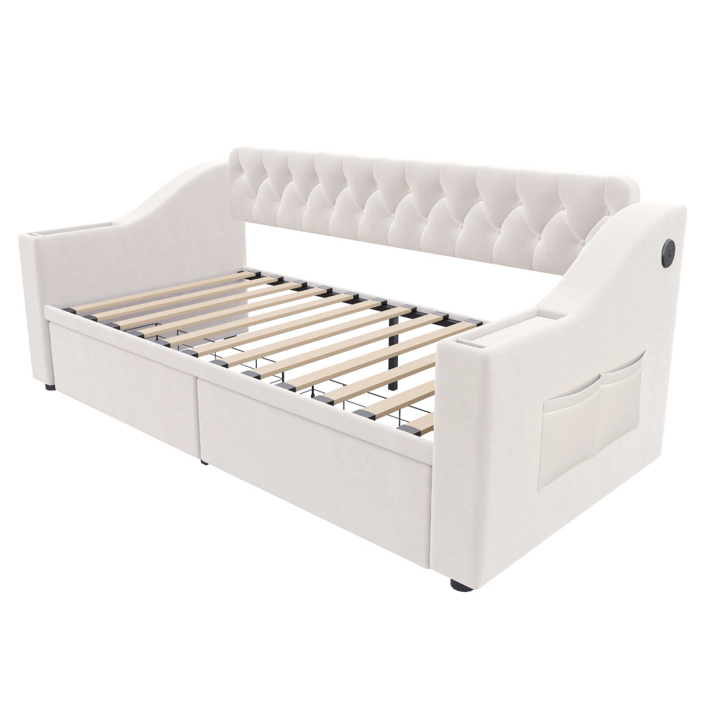 DESMIU Divano letto 90 × 190 cm 1 posto con USB, Type-C, vani contenitore, senza materasso, in velluto, beige