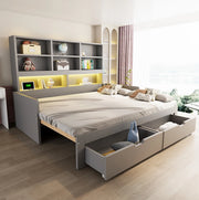 Letto multifunzionale 90/180 x 200 cm in MDF grigio con LED; prese; cassetti e vani aperti