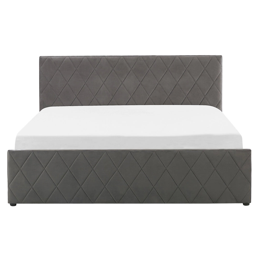 Letto contenitore Rivestimento in velluto grigio 160 x 200 cm con testiera trapuntata a diamante con base a doghe