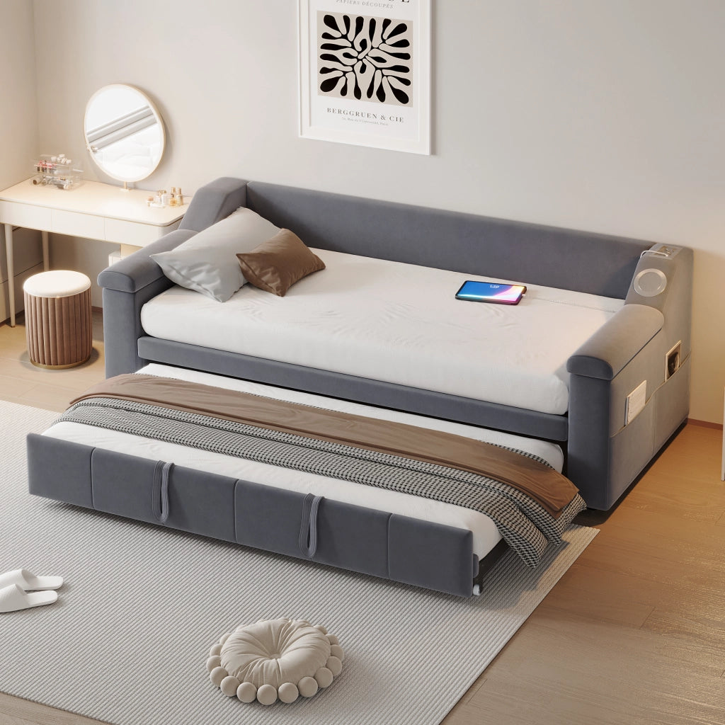 Letto imbottito estraibile matrimoniale 90×190 cm e 180×190 cm con USB; ripiani e Bluetooth; senza materasso; grigio