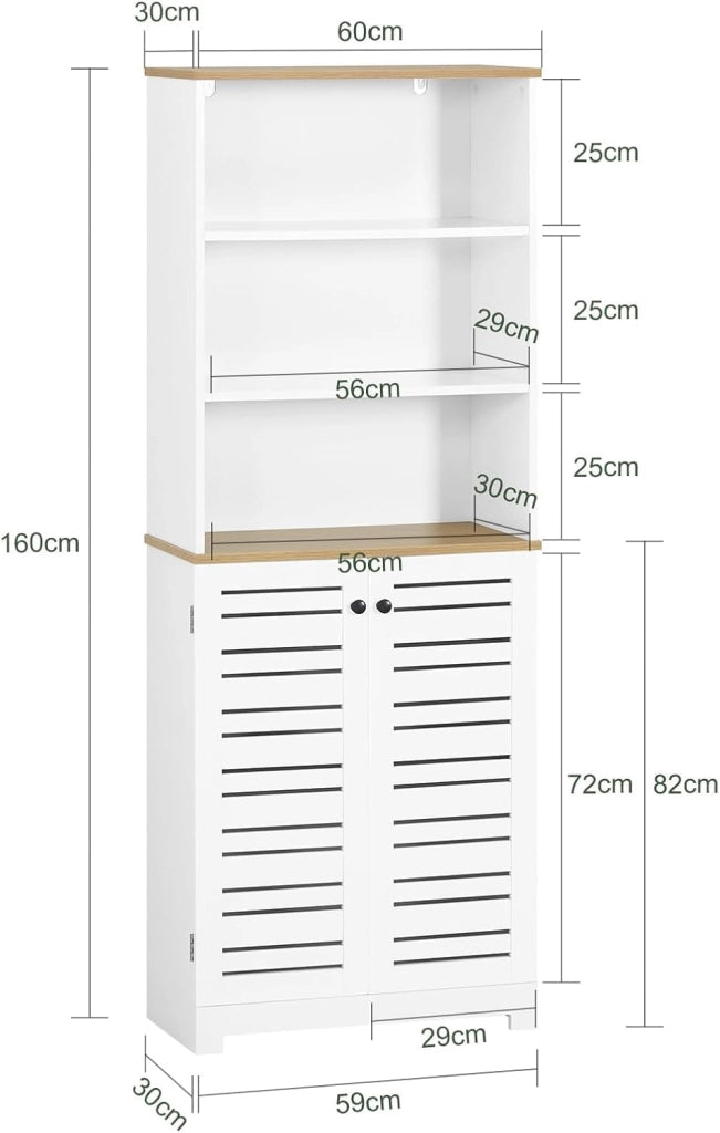 Mobile Alto Bagno – Armadio Bagno Salvaspazio con Ripiani Regolabili – Grande Capacità in Legno Resistente all’Umidità, per Cucina, Soggiorno, Bianco, 60x160x30 cm, BZR44-W