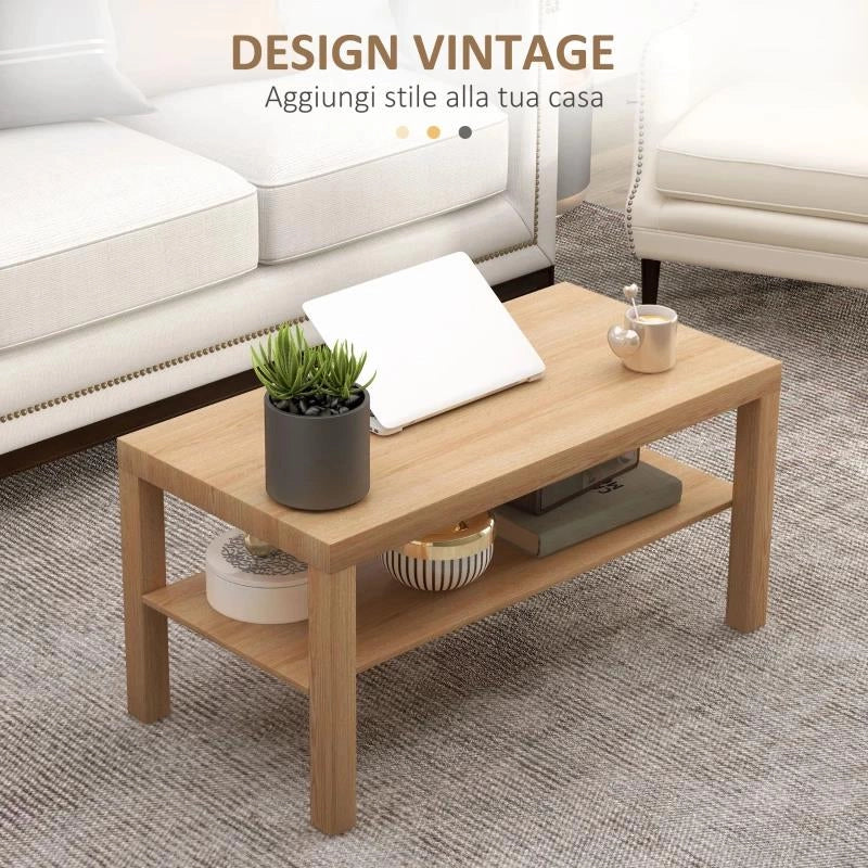 TAVOLINO DA SALOTTO RETTANGOLARE CON AMPIO RIPIANO, 90X45X44.5 CM, LEGNO NATURALE