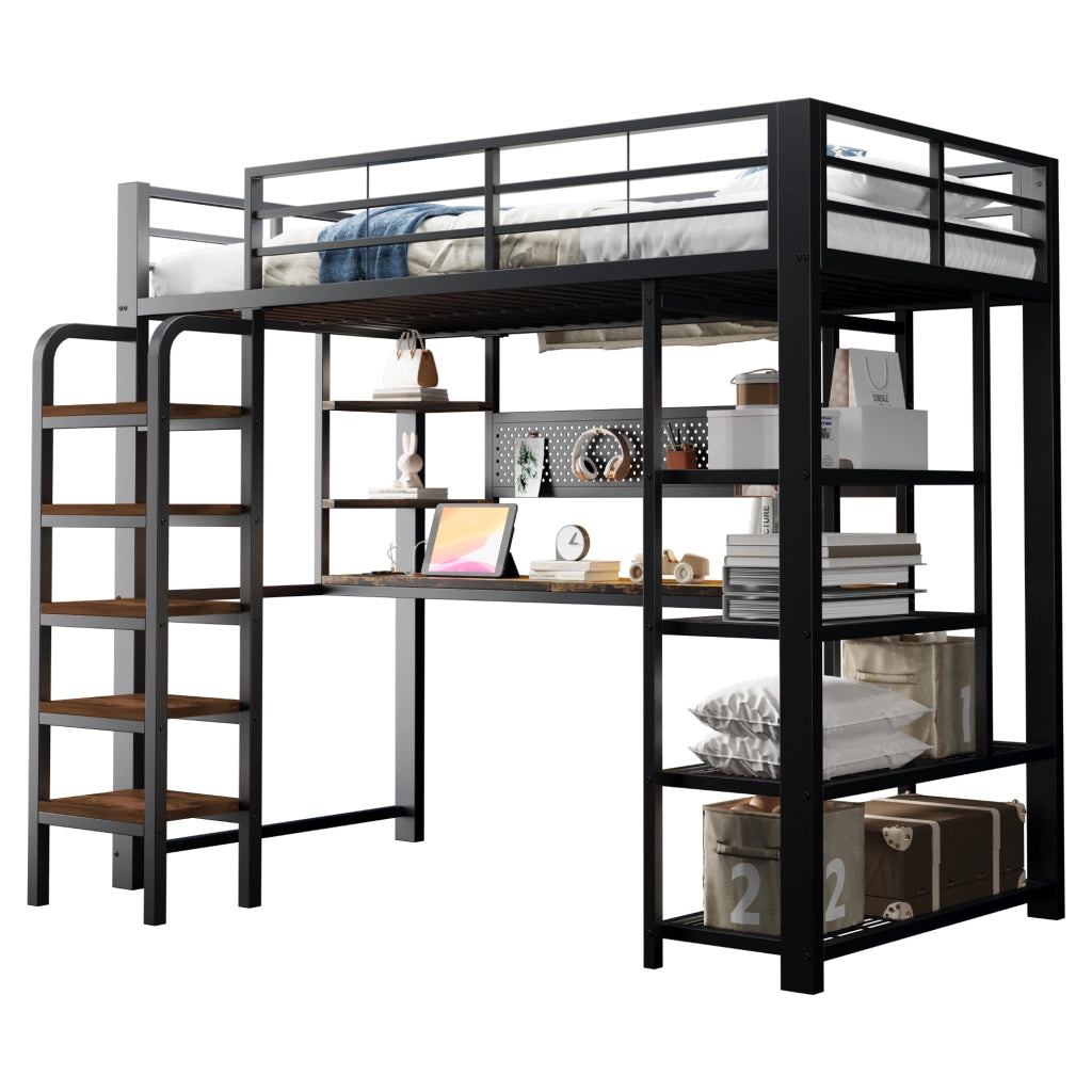 LETTO A SOPPALCO 90x200 cm in metallo e legno nero con scrivania, LED e prese