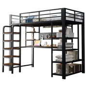 LETTO A SOPPALCO 90x200 cm in metallo e legno nero con scrivania, LED e prese