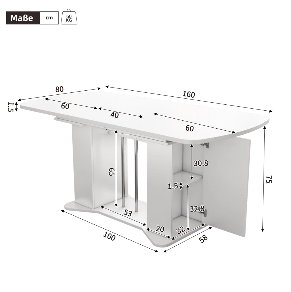 Tavolo da pranzo estensibile bianco 120/160 x 80 cm con contenitori