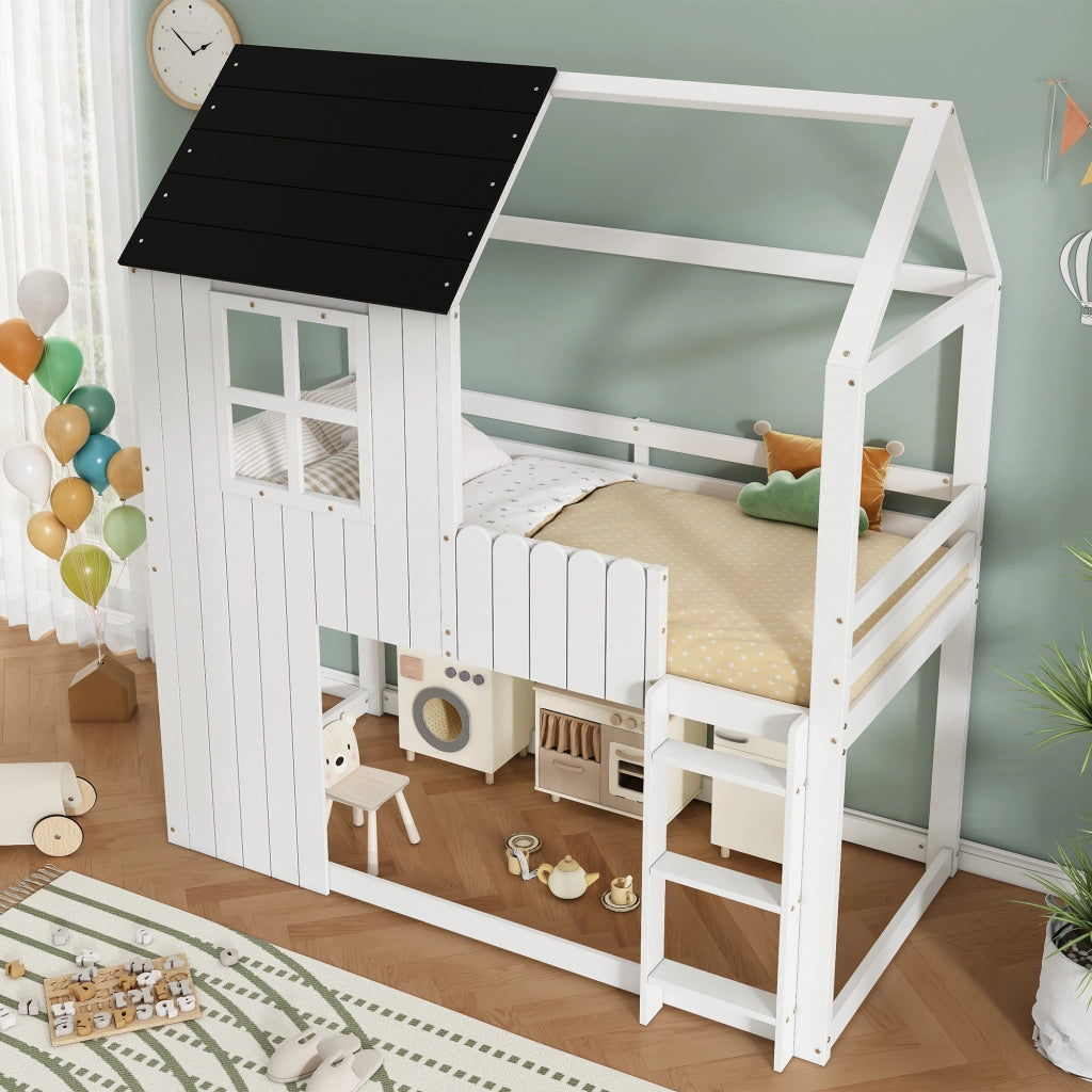 DESMIU Letto a soppalco bambino 90 × 200 cm 1 posto con scala, finestre, senza materasso, in legno, bianco e nero