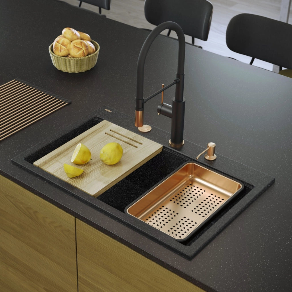 Lavello In Granito Marc 110 Workstation Black Metallic Tappo acciaio
