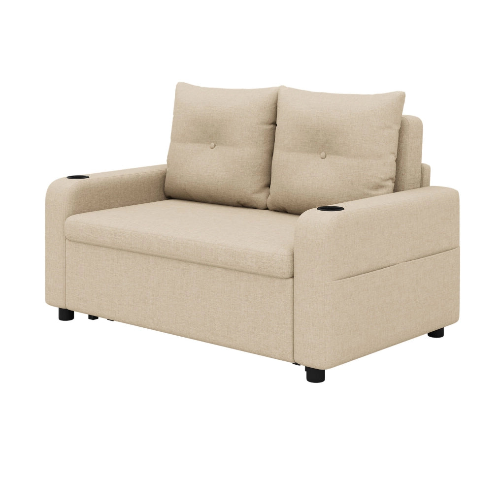 Divano letto 131x81x94 cm in tessuto misto cotone e lino beige con USB， portabicchieri