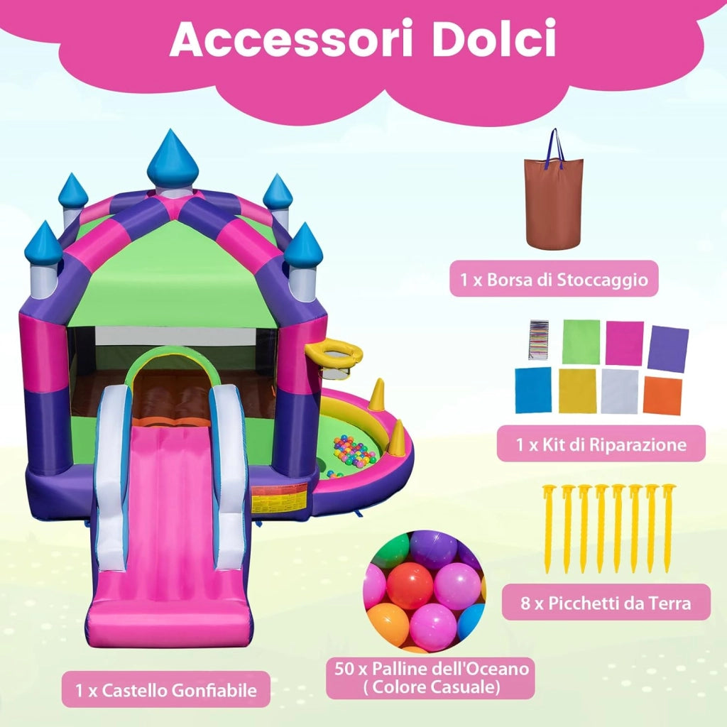 Castello Gonfiabile con Tettuccio, Casa Gonfiabile con Scivolo, Trampolino e Canestro da Basket, per 2 Bambini di 3-10 Anni, 385 x 332,5 x 300 cm