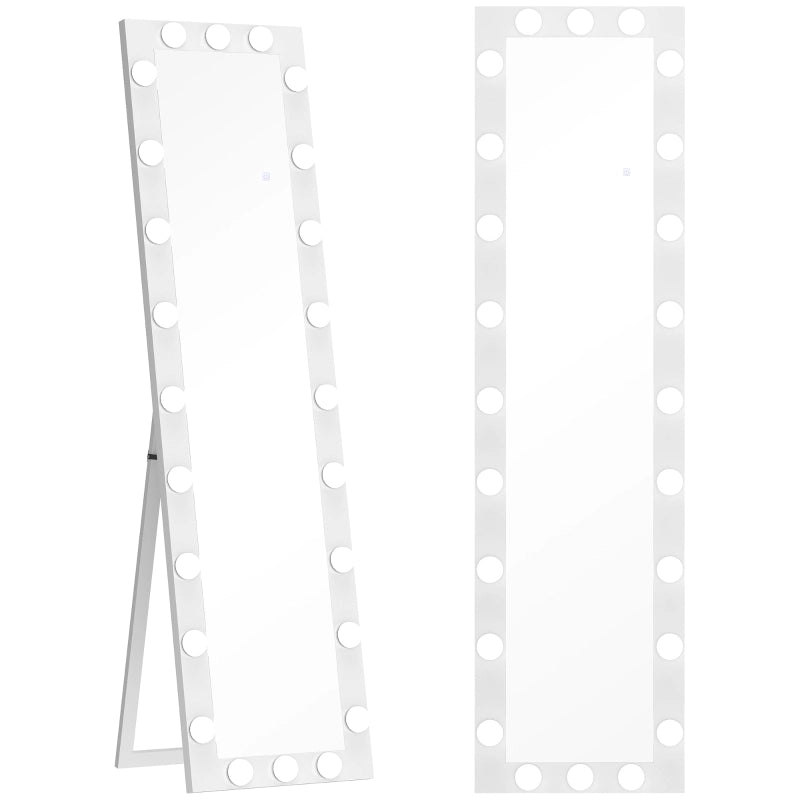 Specchio intero LED 150x40 cm con 24 lampadine, freestanding, appoggiabile o da parete, bianco