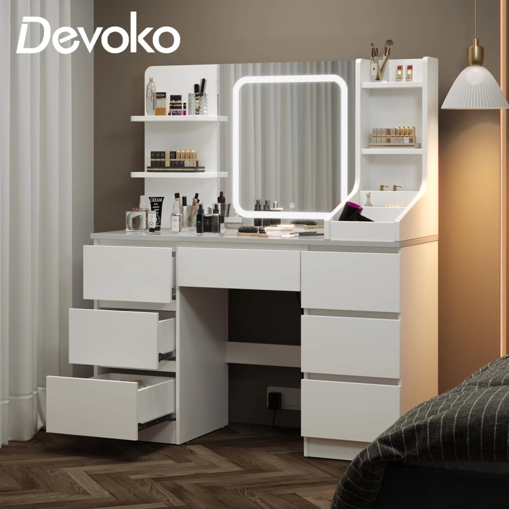 Toeletta da Trucco con 7 Cassetti, Postazione Trucco con Specchio a LED, Luminosità Regolabile,Tavolo da Toeletta con 4 Ripiani Aperti,per la Camera da Letto, Bianco
