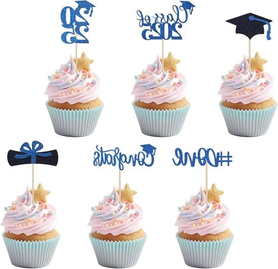 Decorazioni per Torte Congratulazioni Classi del 2025 Topper per Cupcake con Glitter e Diploma Berretto Universitario Blu/Nero
