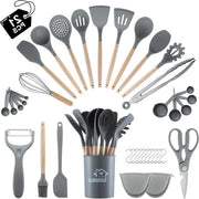 Set da cucina in silicone con supporto per cucchiaio maniglia in legno resistente al calore - 21 pezzi