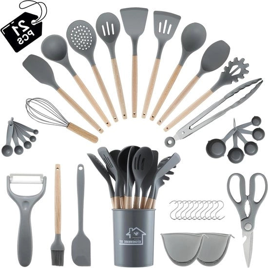 Set da cucina in silicone con supporto per cucchiaio maniglia in legno resistente al calore - 21 pezzi