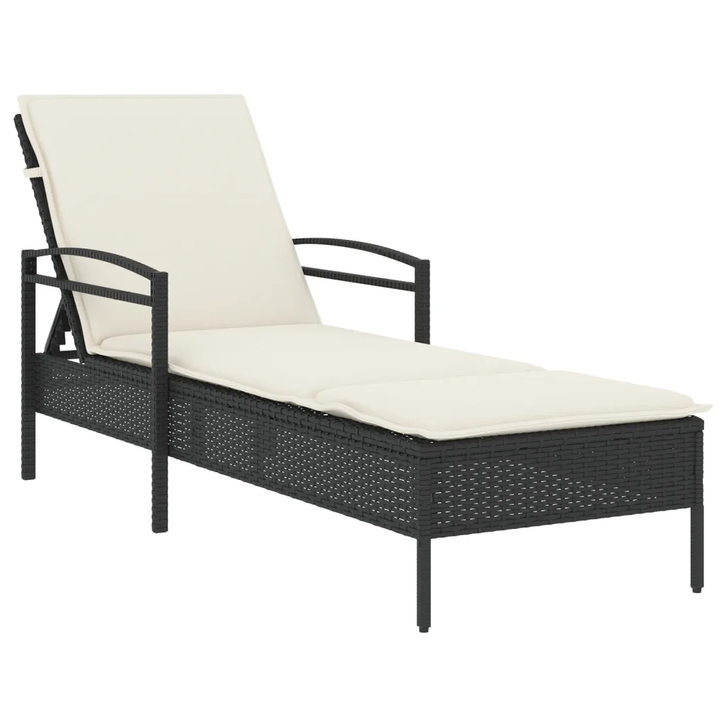 Lettino Prendisole | Sdraio da giardino | Lettino da sole con Cuscino Nero 63x200x81 cm in Polyrattan
