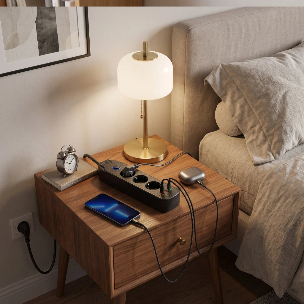 Multipresa Con Prolunga, 3 Prese + 2 Porte Usb-a + Usb-c Jnh024-3b Black