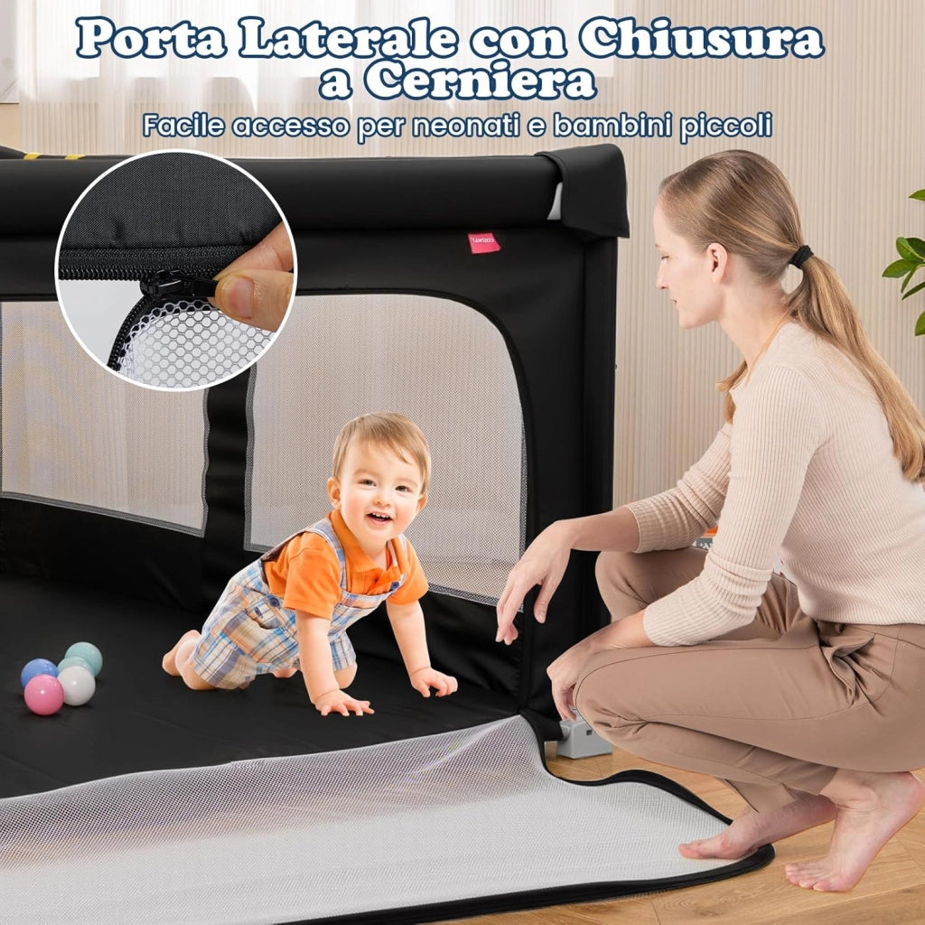 Box per Bambini 150 x 150 cm, Recinto per Neonati Pieghevole in Tessuto Oxford con Rete Traspirante, Centro Attività con 50 Palline, 4 Pezzi Anelli e Borsa (Nero, 150 x 150 cm)