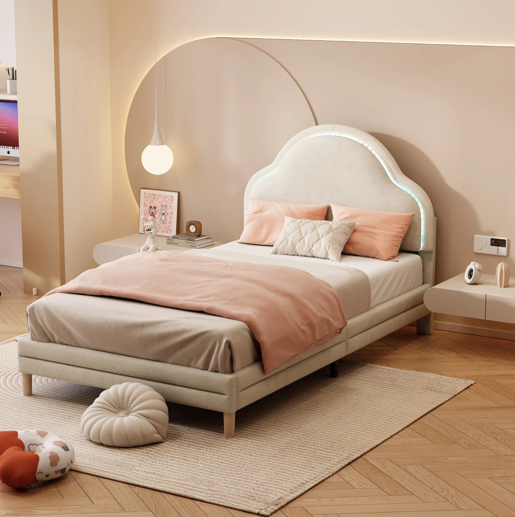 Letto singolo imbottito beige con LED, 90x200 cm