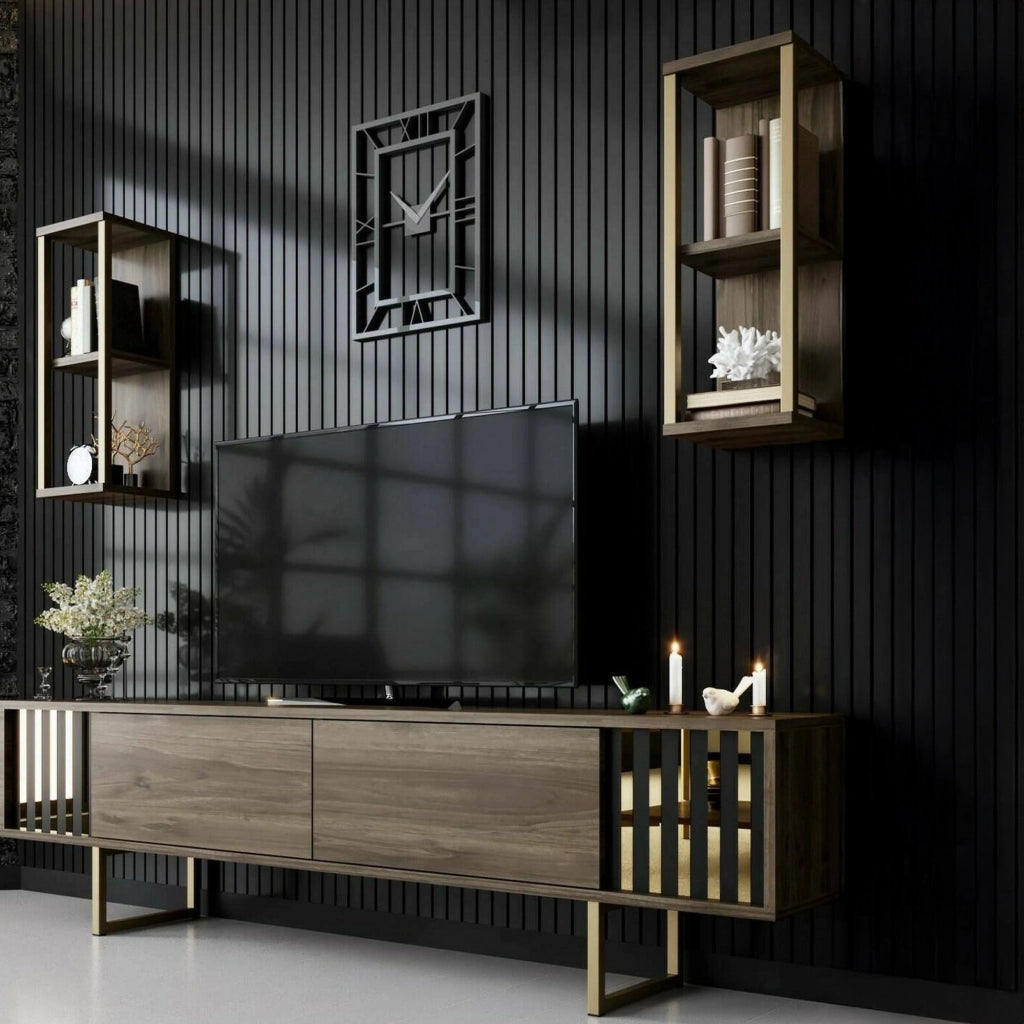 Mobile porta TV Artinay, Credenza da soggiorno, Armadio basso per TV, Base parete attrezzata, 180x30h48 cm, Noce e Nero