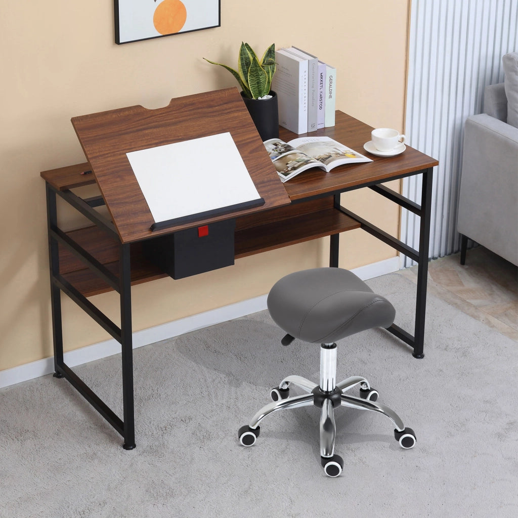 EasyComfort Sgabello da Lavoro a Sella con Ruote e Altezza Regolabile per Negozi Parrucchiere e Tattoo, 52x53x49-61cm Grigio