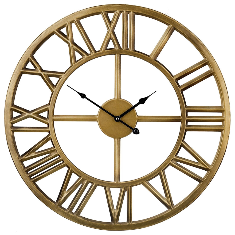 Orologio da Parete dorato Cornice in Ferro Design Classico Numeri Romani Rotondi 61 cm