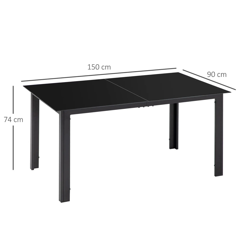 Tavolo da Giardino Rettangolare 150x90 cm per 6 Persone con Piano in Vetro e Alluminio Nero