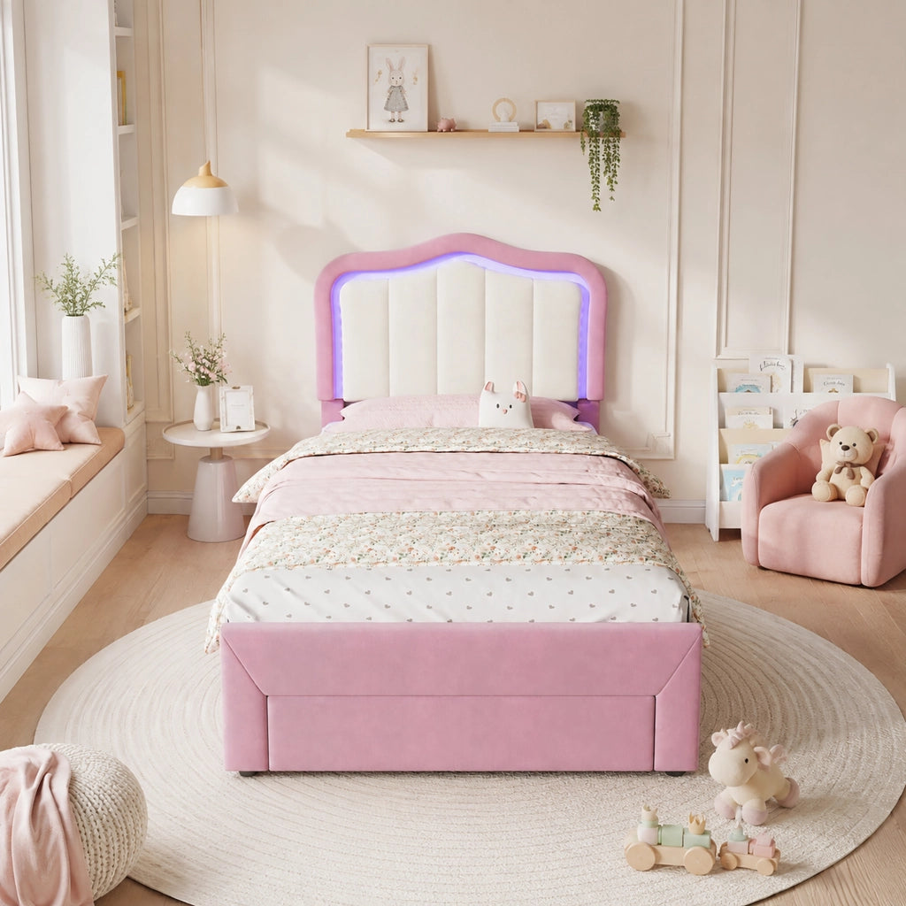 Letto imbottito per bambini 90 x 200 cm con cassetto e LED; velluto rosa