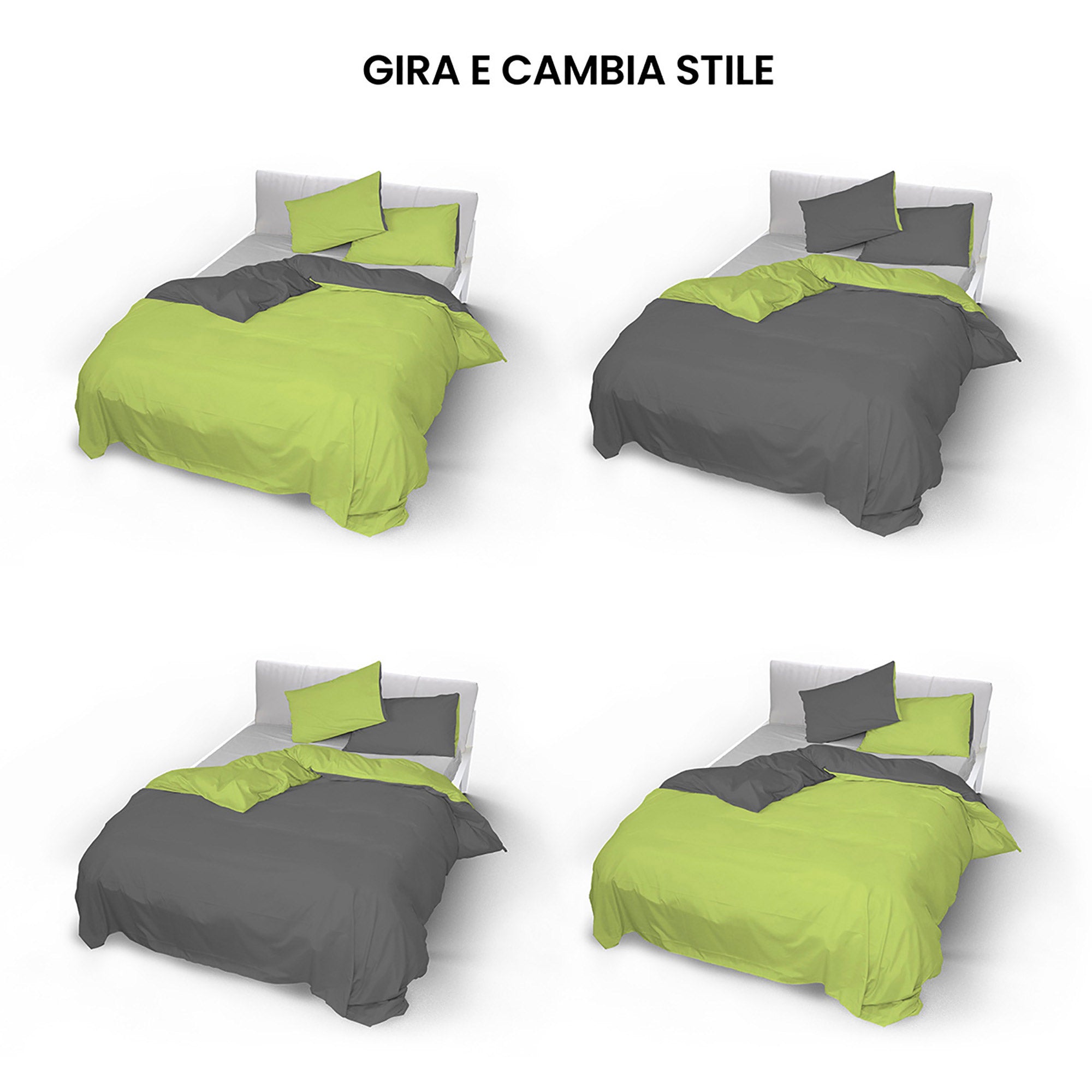 Copripiumino Singolo con Sacco e Federe Doubleface in Cotone Verde Acido/Fumo
