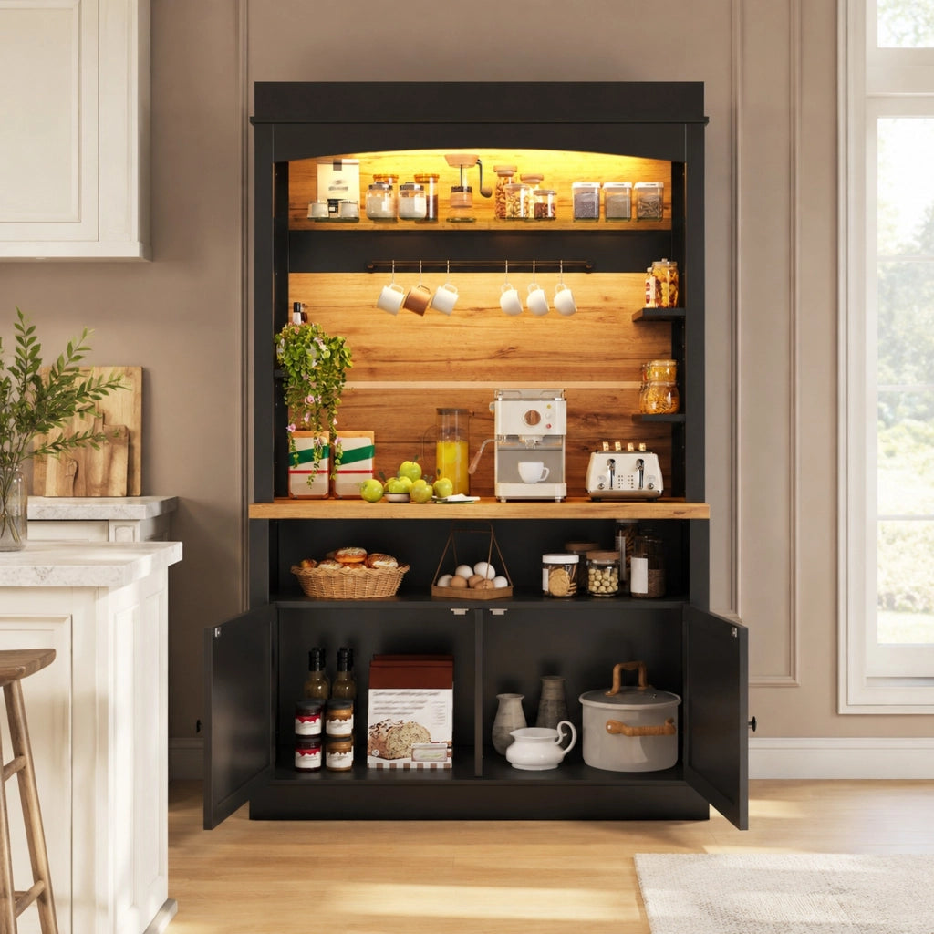 Set di 2 credenze da cucina con LED USB, 107x43x184 cm, nere