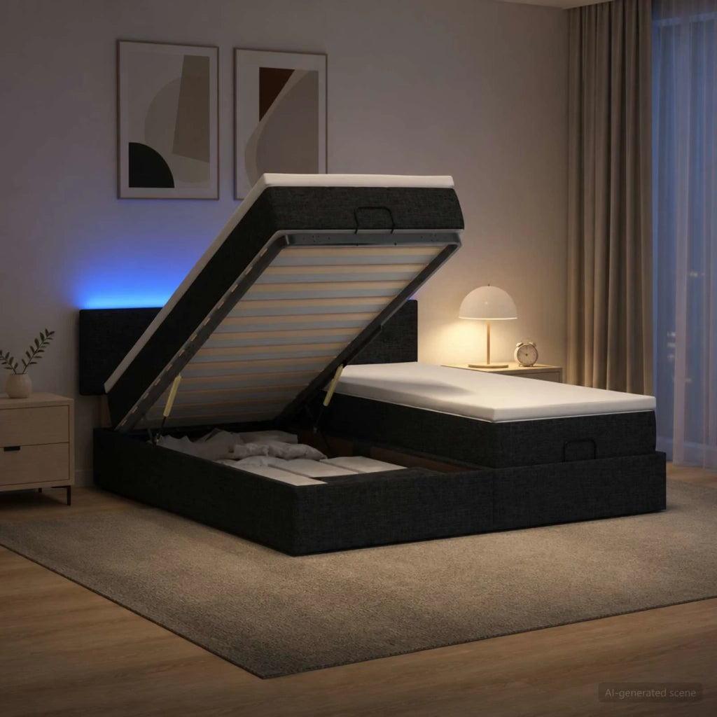 Letto Ottomano con Materasso e LED Nero 200 x 200 cm Tessuto 3457282