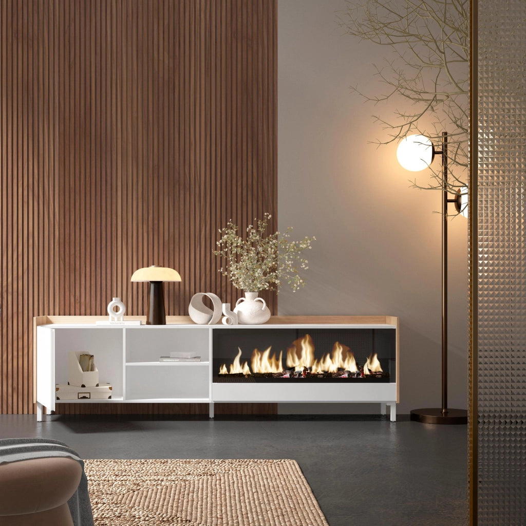 Mobile TV Soggiorno, 212x61x35 cm, Per TV fino a 80", Camino elettrico XXL, Design industriale, Bianco e Rovere soft